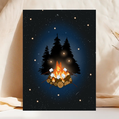 Editable Backyard Bonfire Smores Party Invitation Template Featuring Lightening Bugs and Lanterns