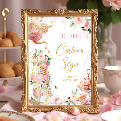 Editable Tea Party Birthday Table Sign Template Pink And Gold Floral