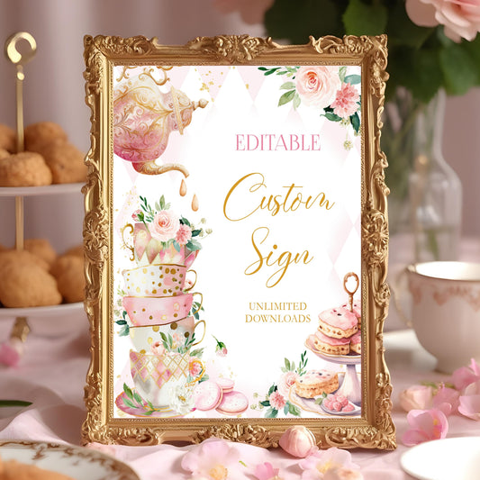 Editable Tea Party Birthday Table Sign Template Pink And Gold Floral