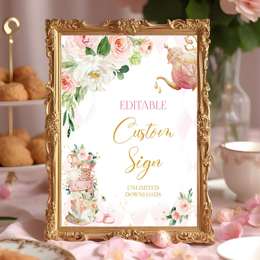 Editable Pink And Gold Tea Party Custom Table Sign Template for Birthday Party