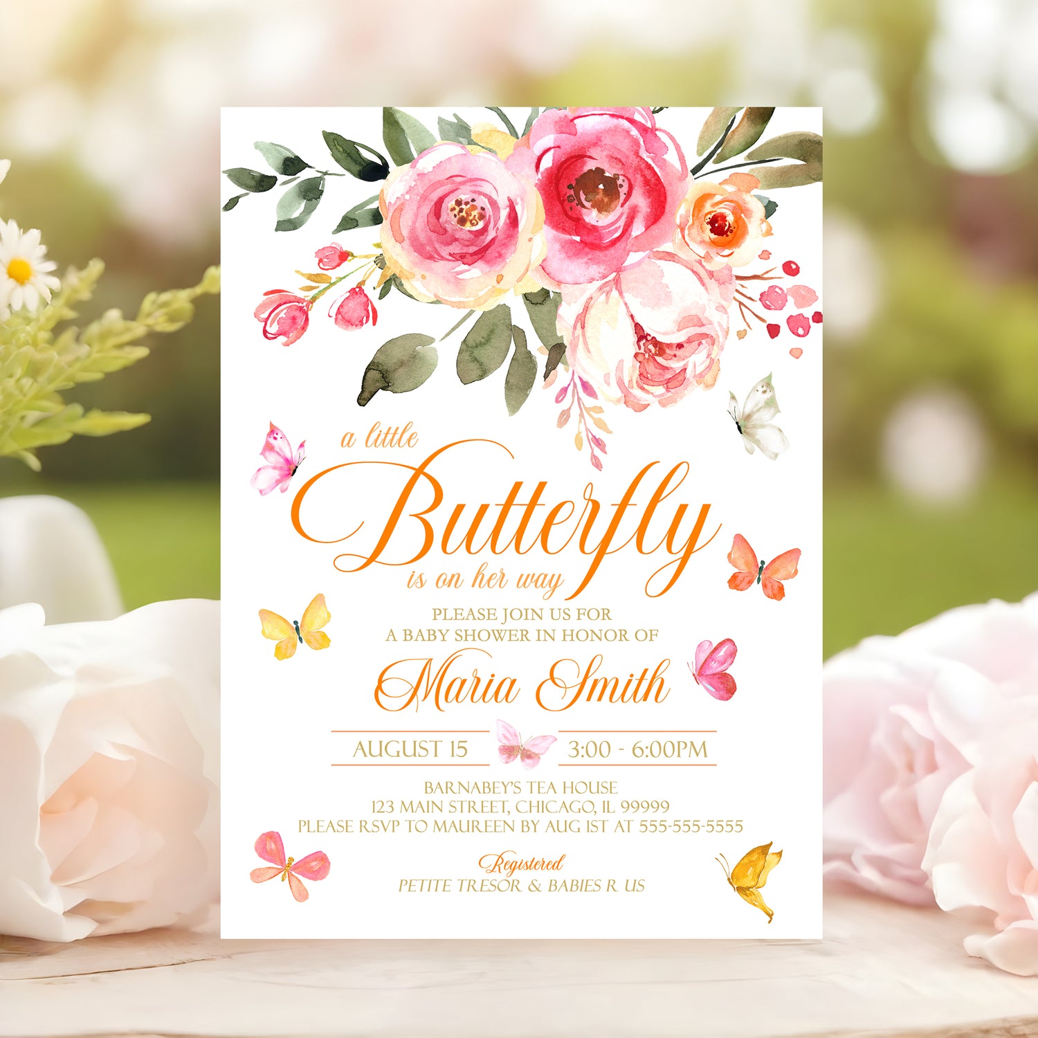 Editable Butterfly and Pink Floral Baby Shower Invitation