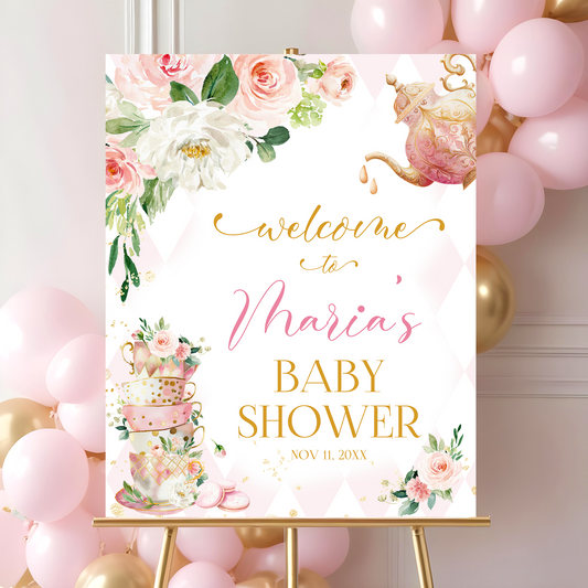 Editable Tea Party Welcome Sign Template For Birthday In Pink And Gold Garden Floral