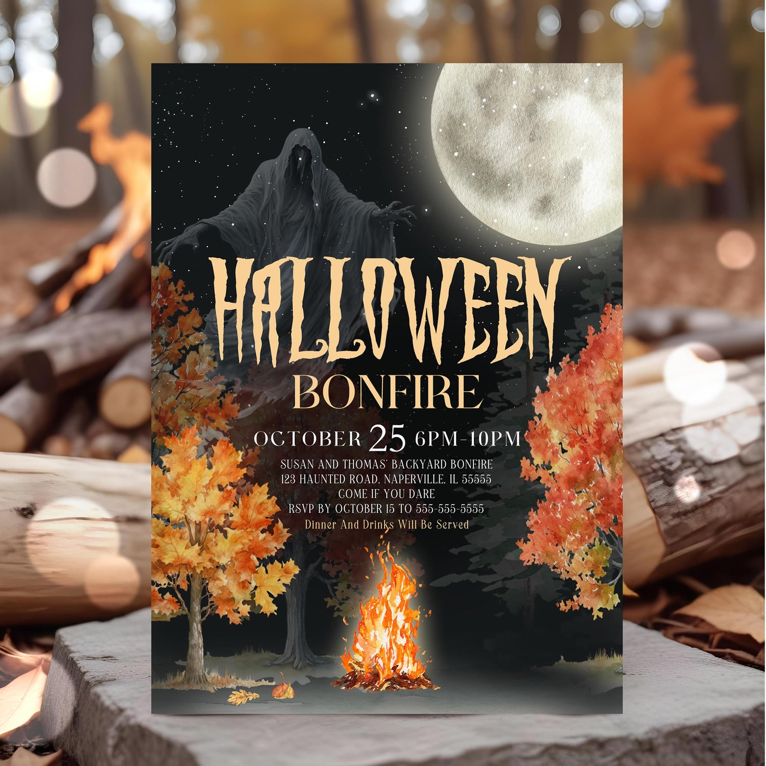 Editable Ghost Bonfire Block Party Halloween Invitation Template