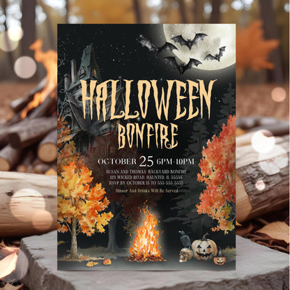 Editable Haunted House Bonfire Halloween Party Invitation Template